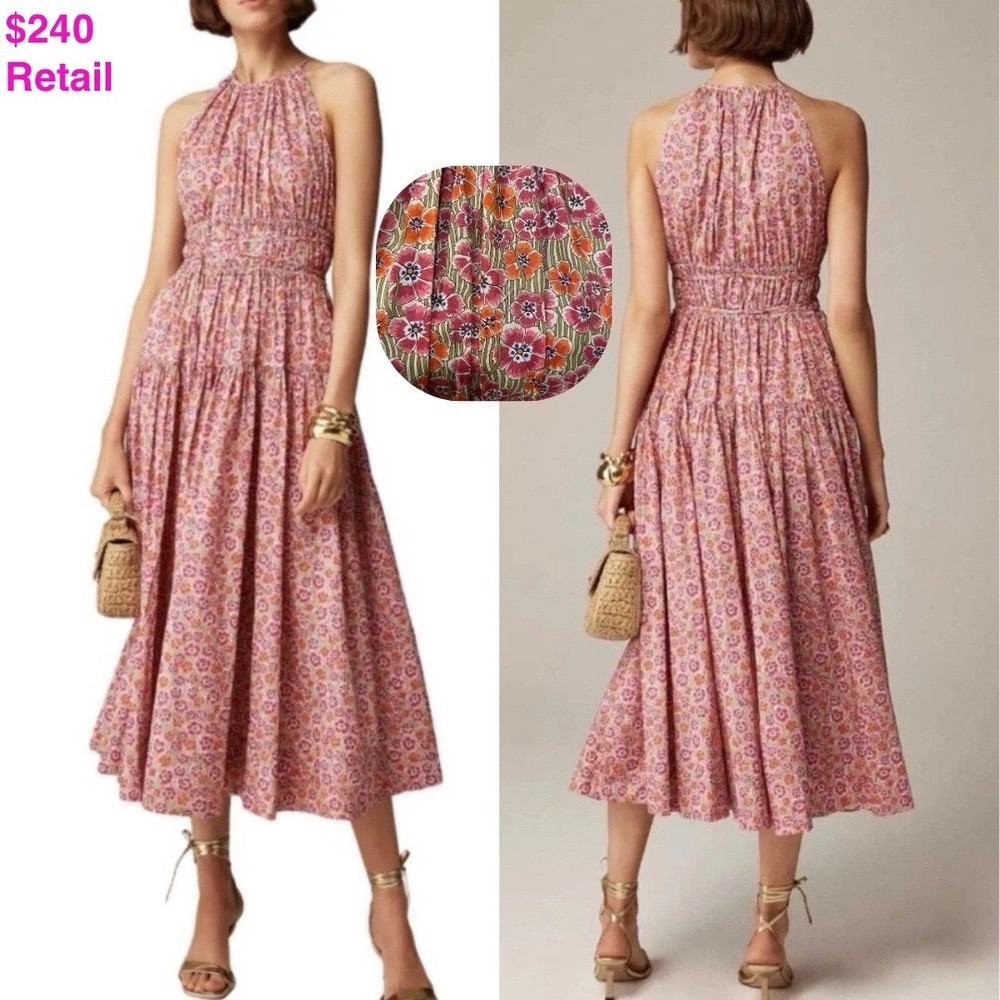 J. CREW Pink Floral Tie-Waist Halter Midi Dress Large Liberty Ellie Cottagecore
